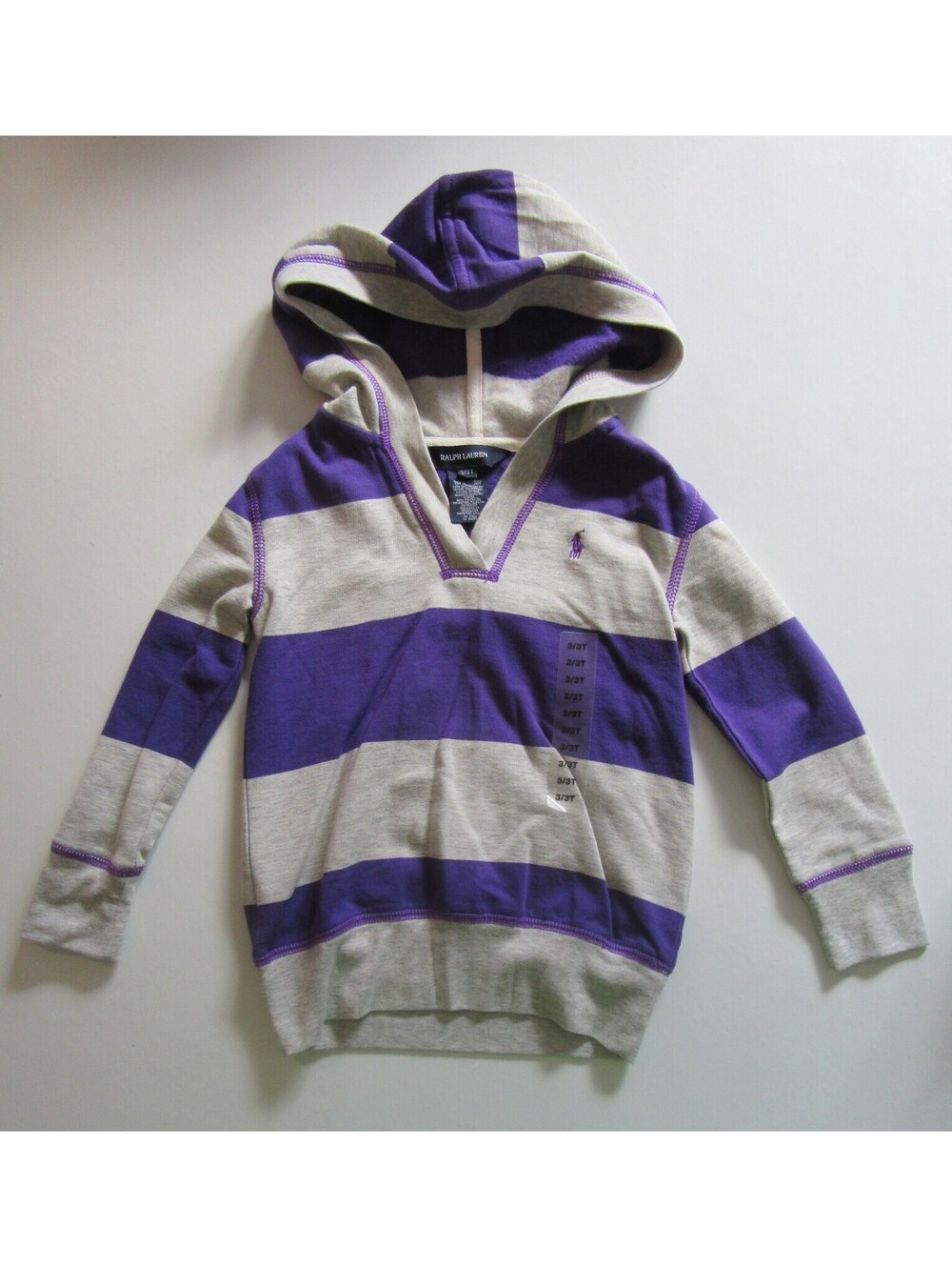 Polo Ralph Lauren Girls Hooded Sweat Jacket Hoodie Purple and Grey Striped 3T